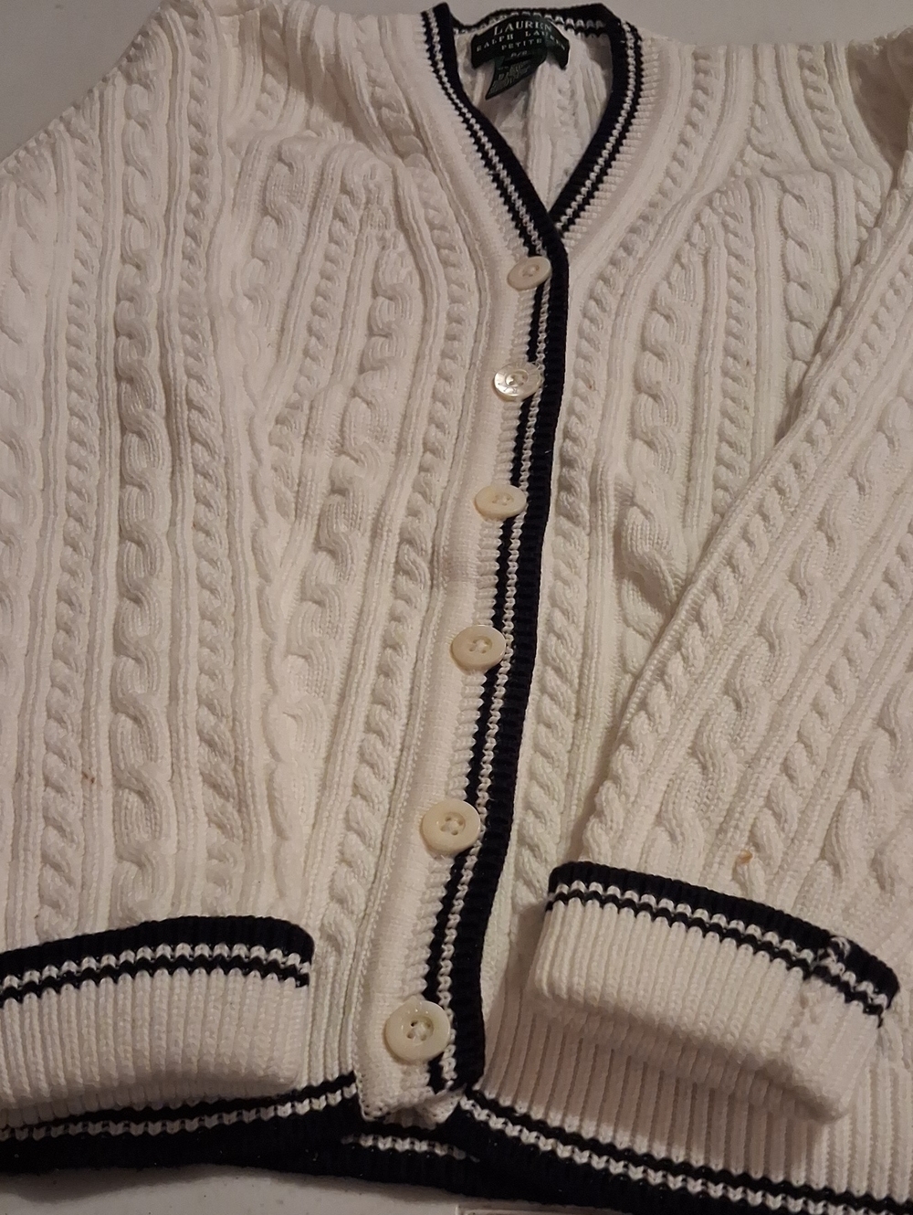 Ralph Lauren Cream Cable-Knit Cardigan with Navy Trim